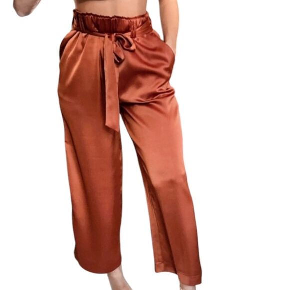 Anthro Joie Pants Satin Wide Leg Stretch Waist Bow Tie Pockets Flowy Copper XL - Picture 2 of 12